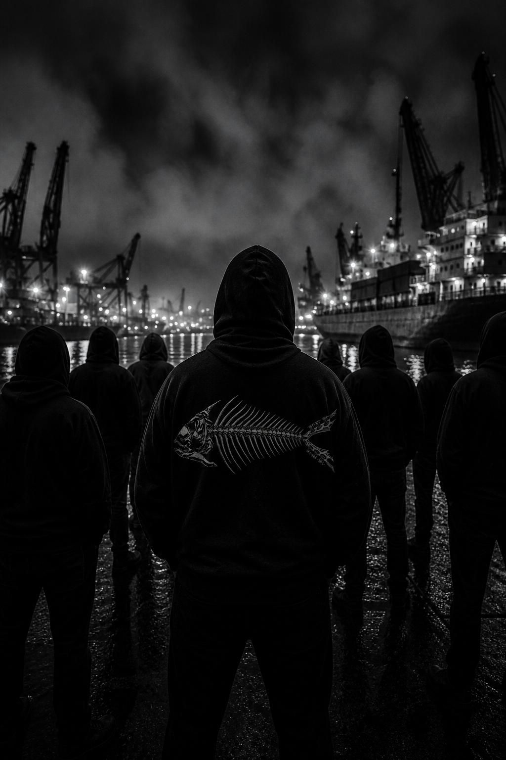 Die Crew von hinten am Hafen, Fischskelett-Banner auf dem Hoodie.